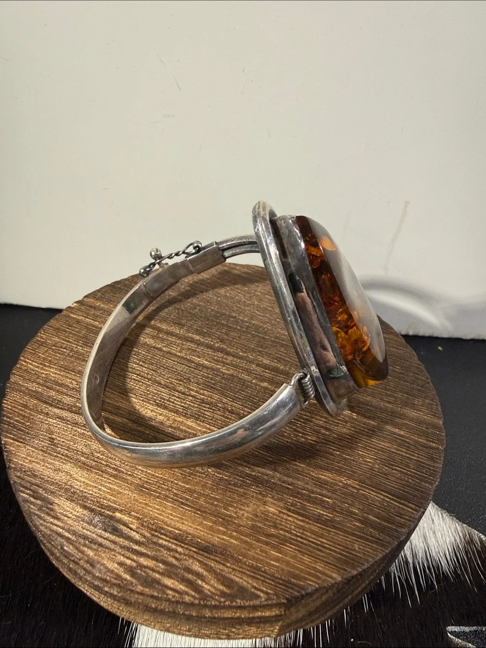925, Vintage Sterling Silver Amber Statement Hinged Bangle Bracelet